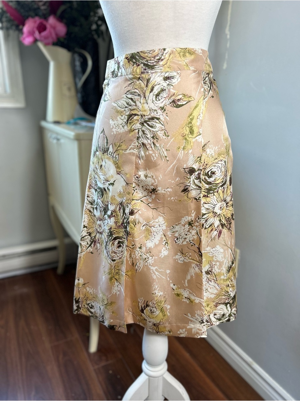 Vintage 100% Pure Silk Botanical Midi Skirt – Plus Size 18